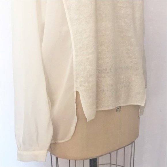 H&M CREAM FINE KNIT MIXED MEDIA CHIFFON SLEEVE LINEN BLEND SWEATER 12 NWT - Picture 7 of 9